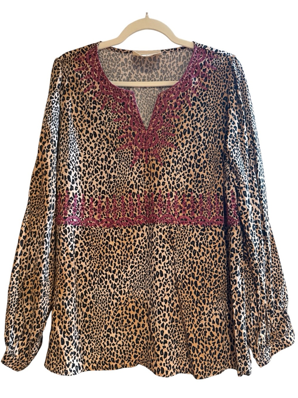 Savanna Jane Large Leopard Print Embroidered Boho Tunic Blouse